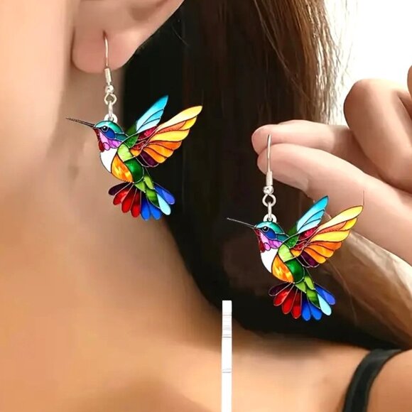 Hummingbid Earrings Bird Dangle Colorful Fun Whimsical Rainbow Sylish Mosaic NEW - Picture 1 of 3